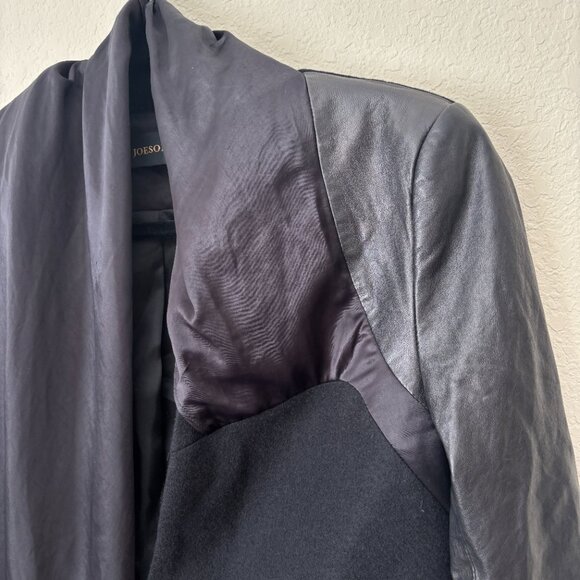 Leather Accented Satin Draped Mixed Media Modern Jacket - Picture 4 of 11